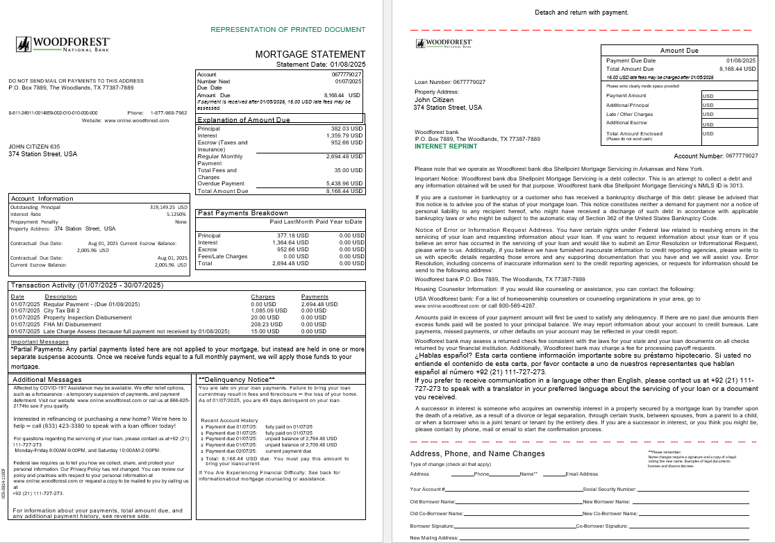 Download USA Woodforest   bank mortgage statement in Word and PDF formats, 3 pages 1 2 Photoshop template